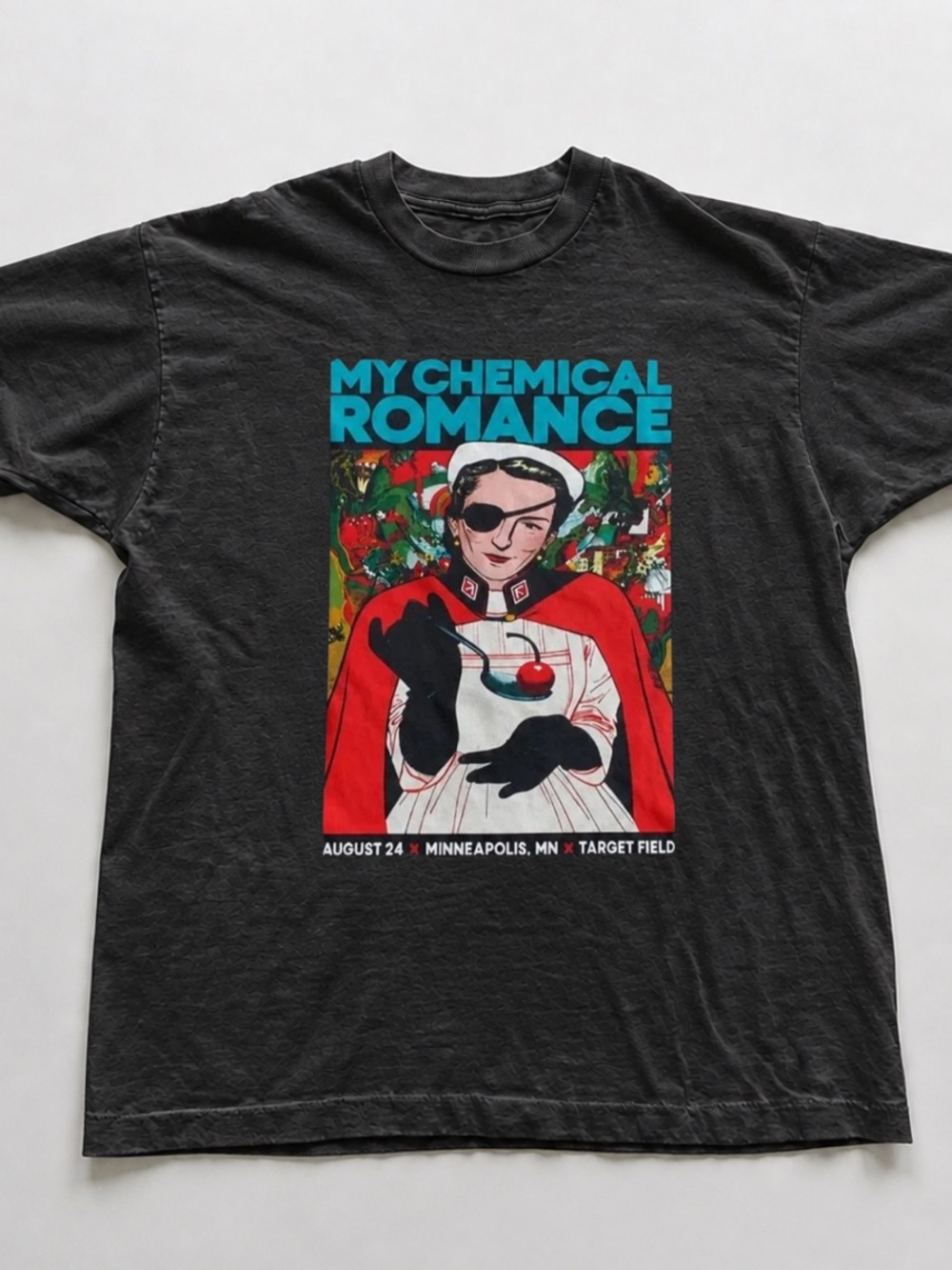 Black Graphic Tee with Red & Teal Print
